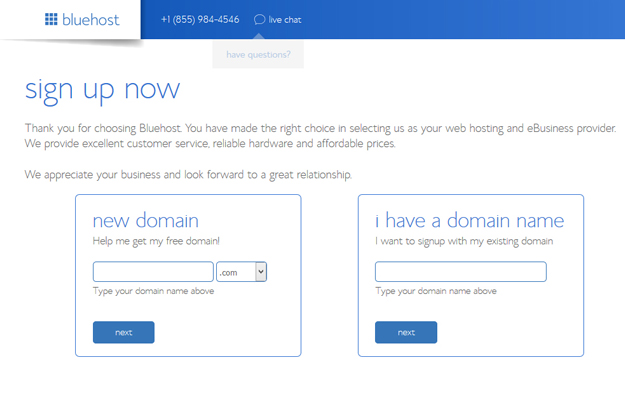 Bluehost Domain Name Sign Up Now page