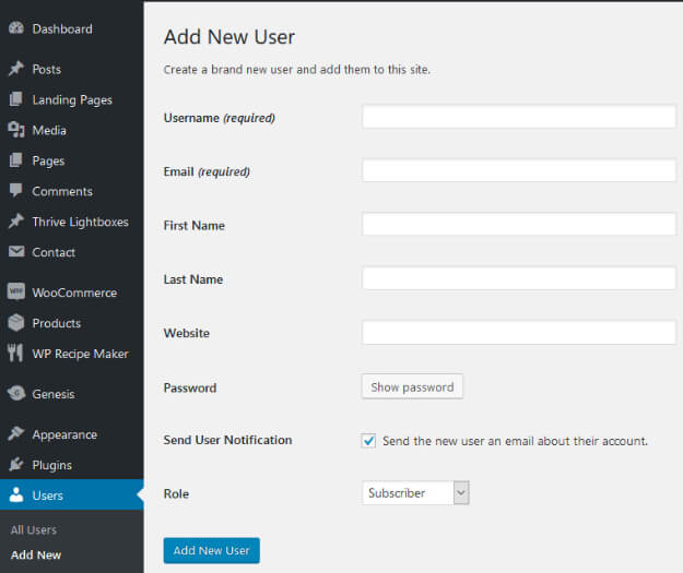 How to add a new user to your wordpress site Step 3
