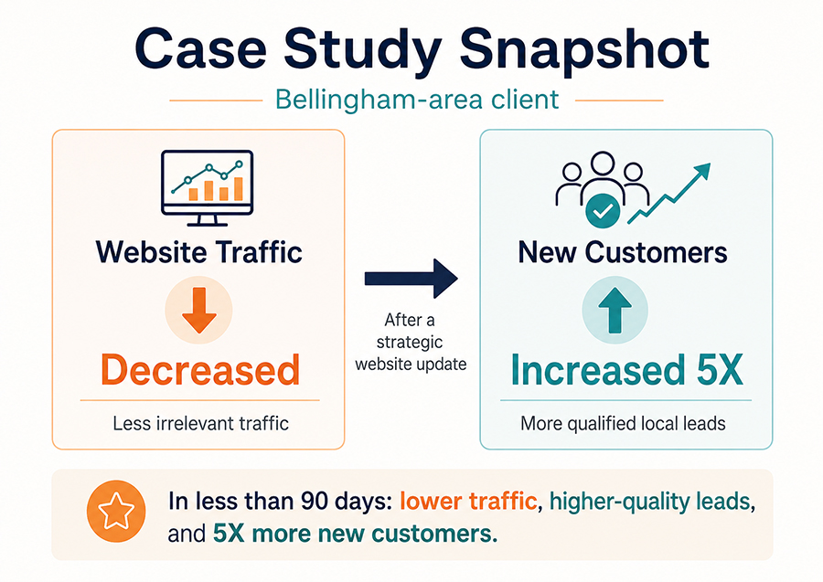 Website traffic decreased while new customers increased fivefold for a Bellingham-area client in less than 90 days